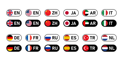 Toggle Slider Style Flag Icon Set of China Germany USA American UK Spain France Japan Russia UAE Turkey Netherlands Italy Flag Button Signs with Language Codes for App or Website UI. Vector Image.