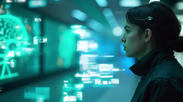 Futuristic Woman Analyzing Data 4K Stock Video of AI Technology