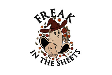 Freak in the sheets ghost with hat and flowers isolated on transparent background