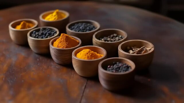 Aromatic Spices in Wooden Bowls. (1)
