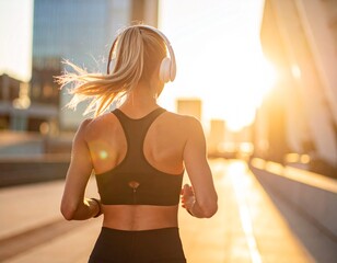 Kobieta w sportowym stroju idzie z tyłu po mieście, słuchawki, energiczny poranek