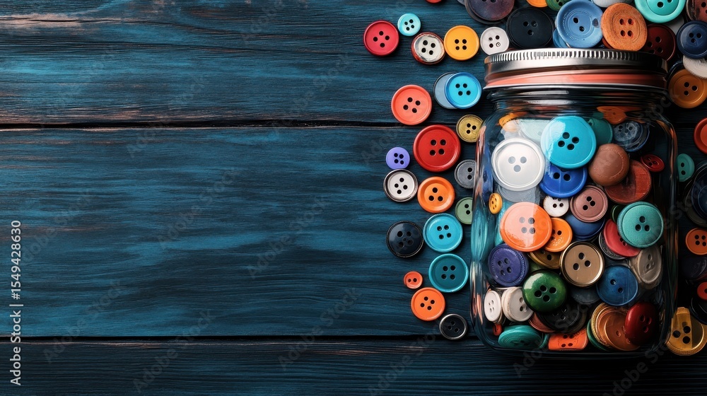Aufkleber a captivating composition of various colorful buttons neatly arranged in a jar against a rustic wood