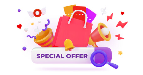 3d special offer Shopping bag with confetti and loudspeaker Discounts for online shopping Promo codes Gift certificates Holiday sale concept