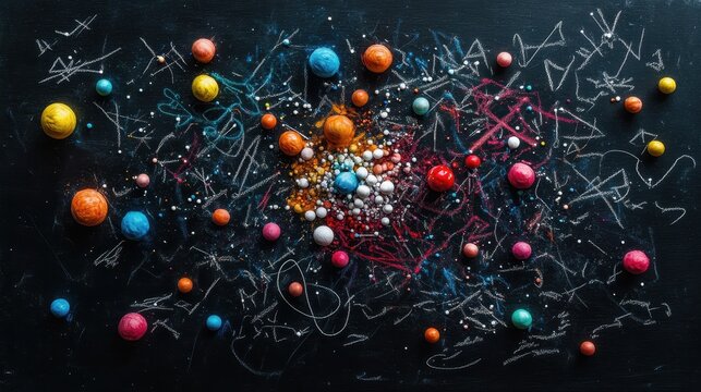 An imaginative representation of the cosmos featuring colorful planets and chaotic chalk drawings on a blackboard, evoking creativity and wonder about the universe and life's mysteries. - Powered by Adobe