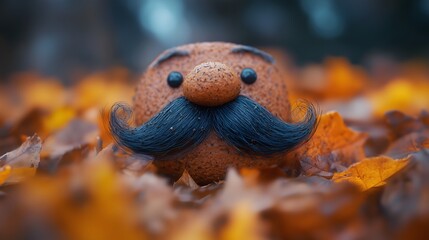 Fototapeta premium Quirky round face with a black mustache in autumn leaves, celebrating Movember with playful creativity.