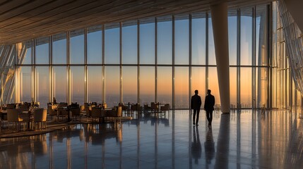 Two figures stand at a large window overlooking a city at sunset, within a modern, high-rise interior