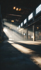 Fototapeta premium Sunlight streams into an expansive abandoned warehouse casting long shadows creating a dramatic and evocative scene for exploration