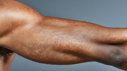 Thickened darker skin with elbow folds on muscular arm showing natural texture and hair against plain background, highlighting skin detail and anatomy