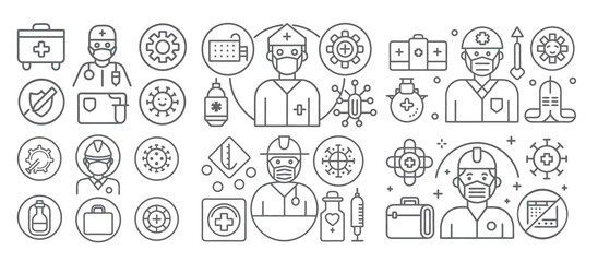 Vector Icons of Medical and Healthcare Workers with Equipment and Symbols
