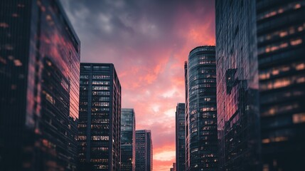 Obraz premium Urban skyline at sunset, illuminated office buildings