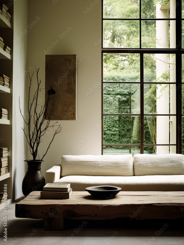 Poster white couch is in front of a window with a vase of branches on a table