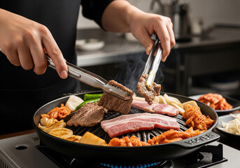 Close-up of hands grilling delicious meat and vegetables on a hot plate, creating a smoky and aromatic Korean BBQ experience