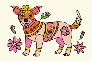 Illustrated dog with pink and yellow accents is standing near stylized flowers