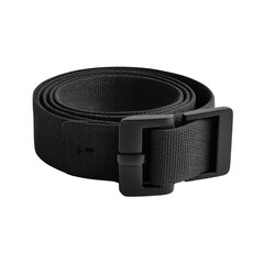 Black webbing belt with matte black buckle isolated on transparent background