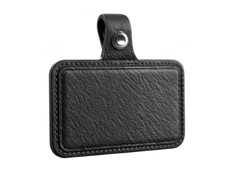 Black leather rectangular tag with loop isolated on transparent background