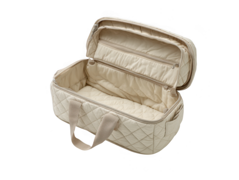 Beige quilted travel bag open isolated on transparent background