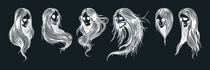 Vintage ghost woman portraits set. Gothic tattoo design. Halloween hand-drawn vector illustration. Witch drawings. NOT AI generated
