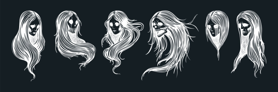 Vintage ghost woman portraits set. Gothic tattoo design. Halloween hand-drawn vector illustration. Witch drawings. NOT AI generated