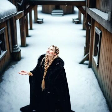 A beautiful blonde braided viking woman standing in her snowy town, snowflakes are falling down on her black robe. She looks up and tries to land a snowflake on the palm of her hand, smiling.