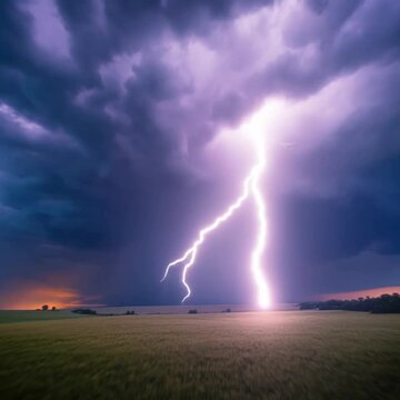 Drove POV with multiple lightning strikes in different locations in a wide open field. The camera is flying fast over the grass, low to the ground.