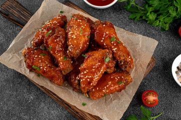 Baked chicken wings in a sweet chili sauce and sesame seeds on a wooden board on a dark concrete background.