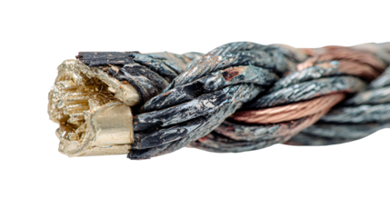 Closeup of weathered copper wire cable gold connector