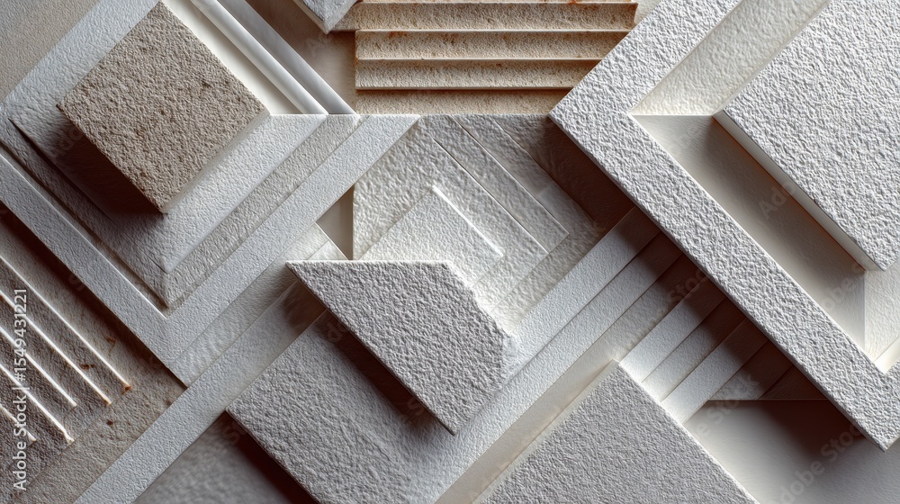 Poster Abstract geometric composition featuring layers of textured materials in neutral white and beige tones creating three dimensional design