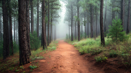 Fototapeta premium Ethereal pathway beckons through a serene forest bathed in mist a tranquil scene of nature's beauty