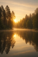 Misty sunrise over calm forest lake with golden reflections of tall pines, tranquil wilderness dawn scene, generative AI