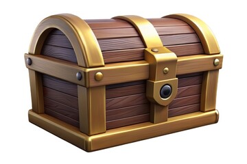 A detailed view of a wooden treasure chest with gold accents on a white isolated background