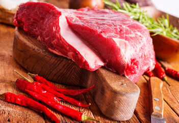Raw meat on cutting board, with herbs, spices on cooking table top view copy space