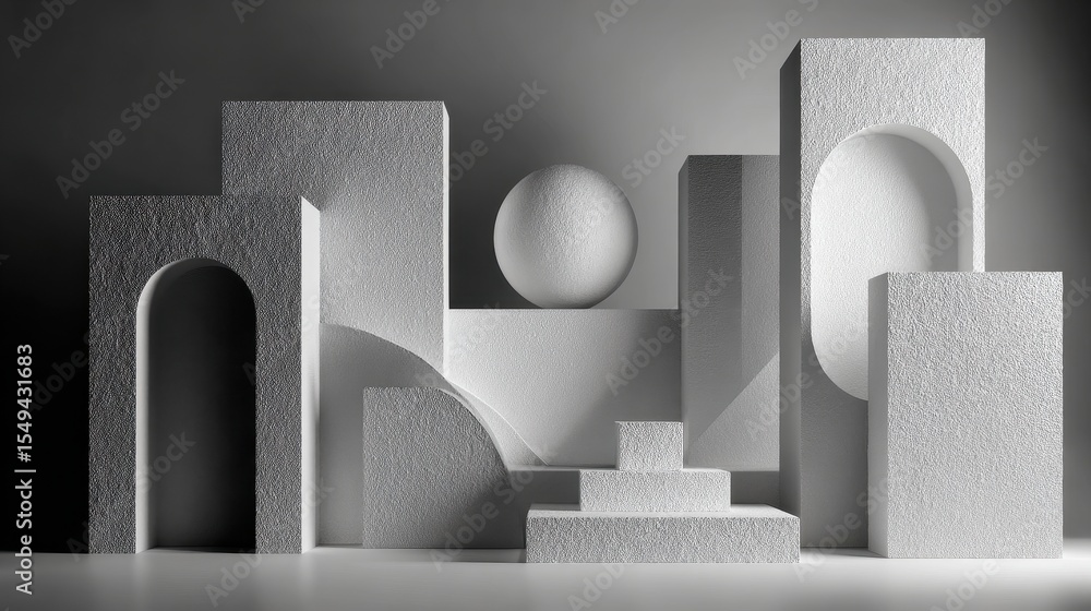 Poster Abstract geometric composition featuring layers of textured materials in neutral white and beige tones creating three dimensional design