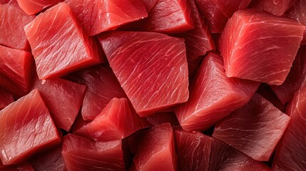 A close-up of beautifully arranged fresh red tuna cubes, emphasizing the quality and texture ideal for sushi or sashimi, highlighting luxury seafood for culinary enjoyment.
