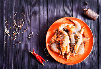 shrimps raw gambas seafood prawn healthy meal food snack on the table copy space food background rustic top view