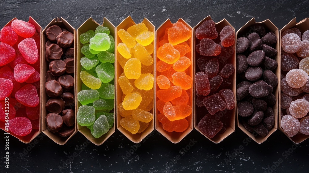 Poster this mesmerizing image features a vibrant display of assorted candies in various shapes and colors, 