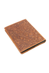 antico e prezioso libro rilegato in cuoio marrone con decorazioni isolato su sfondo bianco o trasparente