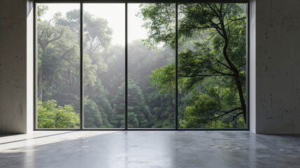An empty room features a large panoramic window offering an unobstructed view of a dense, green forest. Natural daylighting illuminates the minimalistic interior space