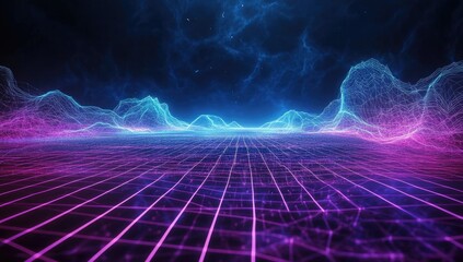 A vibrant, digital landscape stretches into the distance.  Abstract, futuristic