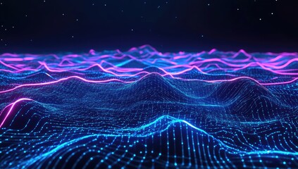 Abstract digital landscape of interconnected lines and points.  Vast, vibrant, night-sky backdrop