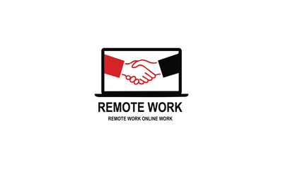 Modern Remote Work Logo with a Laptop Displaying a Digital Handshake, Symbolizing Online Collaboration, Virtual Partnerships, and Secure Global Business Connections