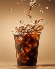Close-up of caramel iced Americano coffee in a transparent plastic cup with swirling coffee and water texture, commercial beverage photography showcasing artisanal coffee craft, refreshing summer cold