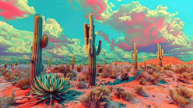 Many tall Saguaro cacti dot a Southwestern desert. Vivid pink clouds fill a turquoise sky. The desert floor is colored in unusual shades of pink, orange and green