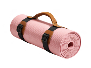 Pink yoga mat with leather carry strap isolated on transparent background