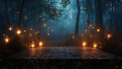 Naklejka premium Wooden platform in a mystical forest at night