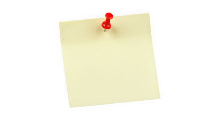 Blank yellow sticky note with red push pin isolated on transparent background