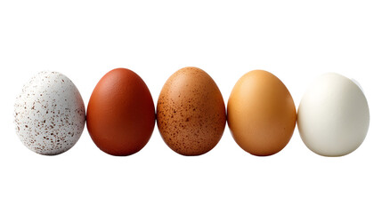 Five eggs in a row different colors and speckled patterns one cracked