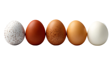 Five eggs in a row different colors and speckled patterns one cracked