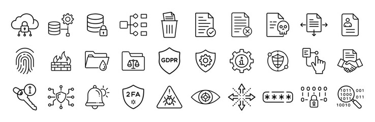 Data protection cyber security privacy technology network vector line icons