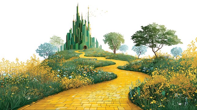 Enchanted yellow brick road leading to magical emerald city in springtime , fantasy, oz, magicians isolated on white background, space for captions, png. Enchanted. Illustration .