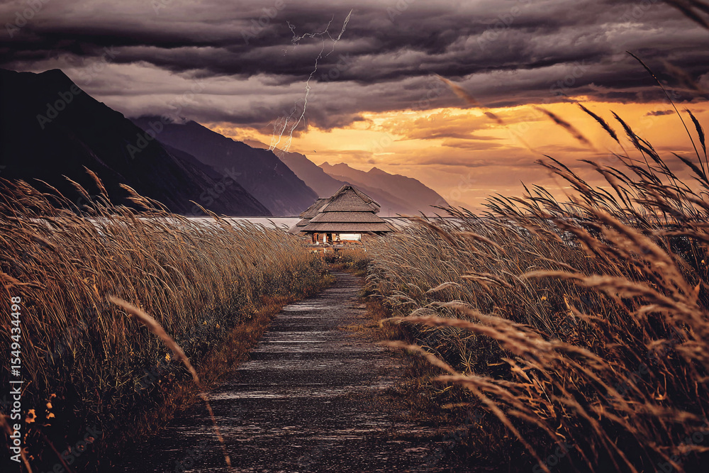 Aufkleber pathway leading to a hut surrounded by tall grass with mountains and lightning in the background at 